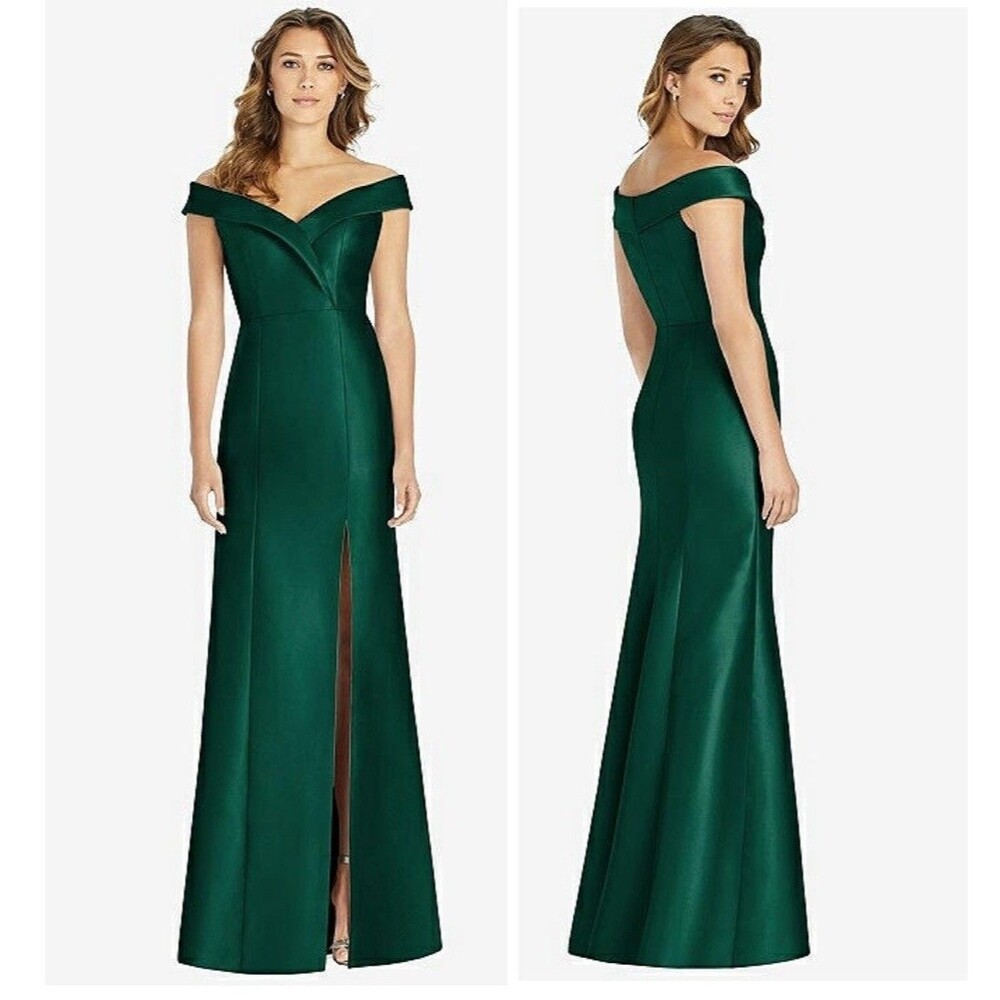 Alfred Sung Off-the-Shoulder Cuff Trumpet Gown Hunter Green Satin Size 2 D760